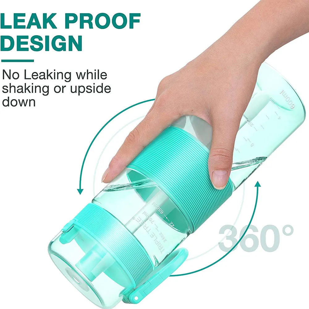 TRIPLETREE Sports Water Bottle With Straw, Tritan Plastic & Flip-Up Lid, Spring Buckle