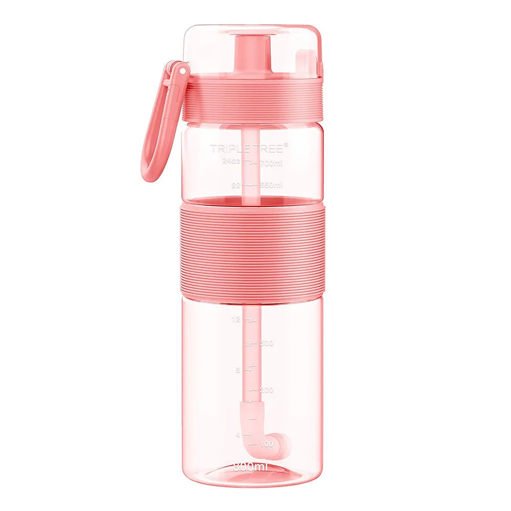 TRIPLETREE Sports Water Bottle With Straw, Tritan Plastic & Flip-Up Lid, Spring Buckle