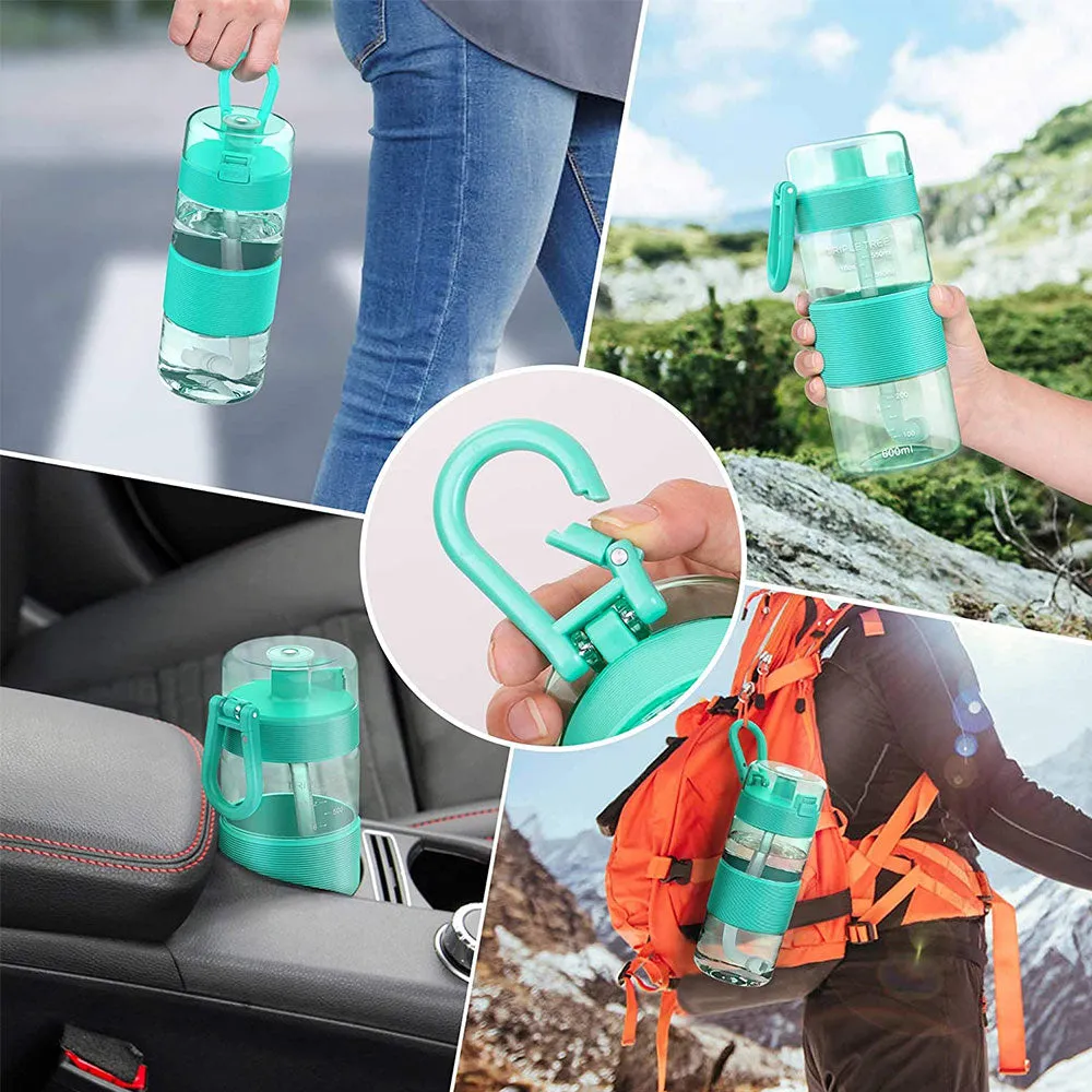 TRIPLETREE Sports Water Bottle With Straw, Tritan Plastic & Flip-Up Lid, Spring Buckle