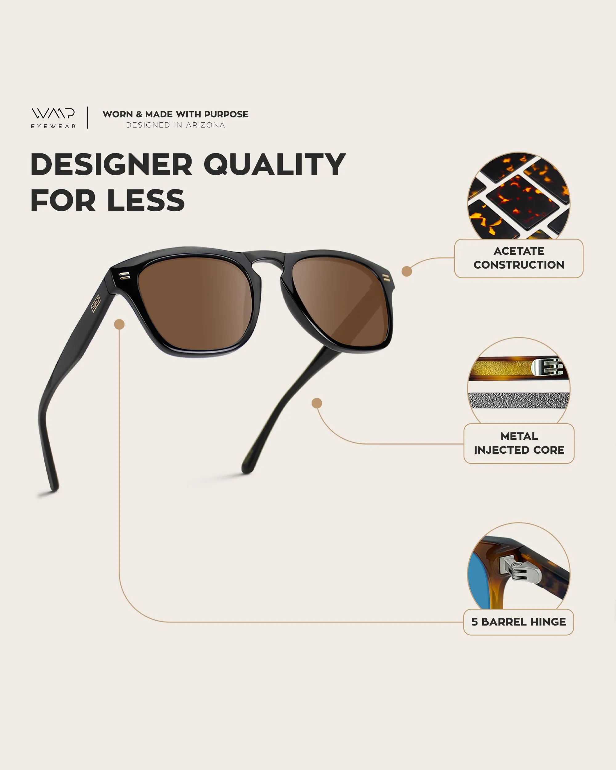 WearMe Pro Polarized Retro Large Rectangular Mens Sunglasses (Glossy Black/Brown Lens)